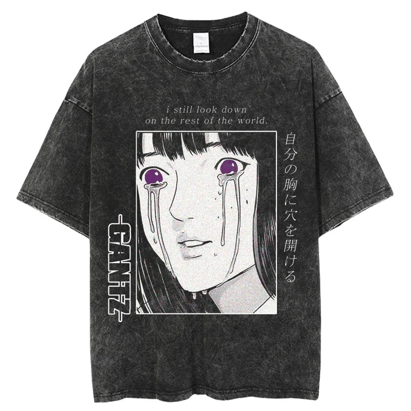 Punk GANTZ Anime T Shirt Men Vintage Washed 100% Cotton T Shirts for Men 2024 Punk Hip Hop Streetwear Harajuku Male T-shirt