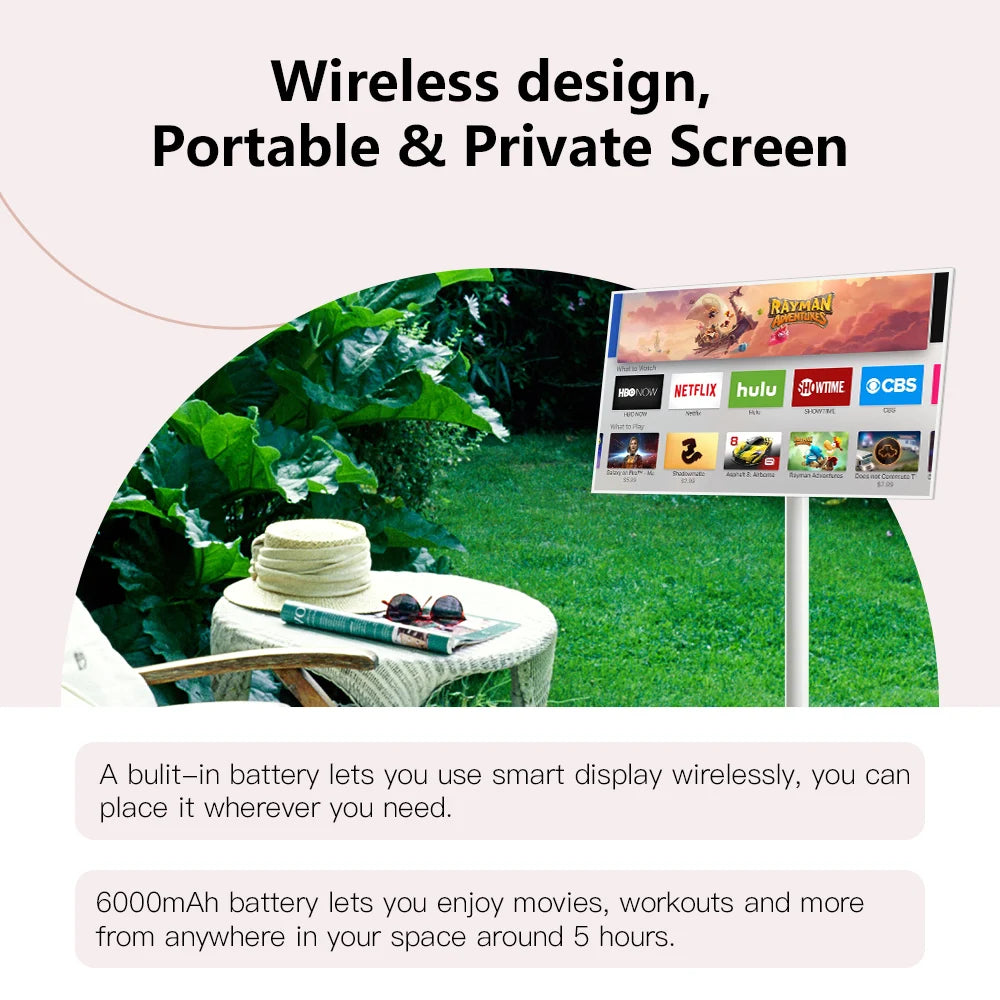 Floor Standing Smart Tv 21.5 Inch 6GB+128GB Touch Screen Display Smart Tv With Build in Battery and Moveable Base Portable TV