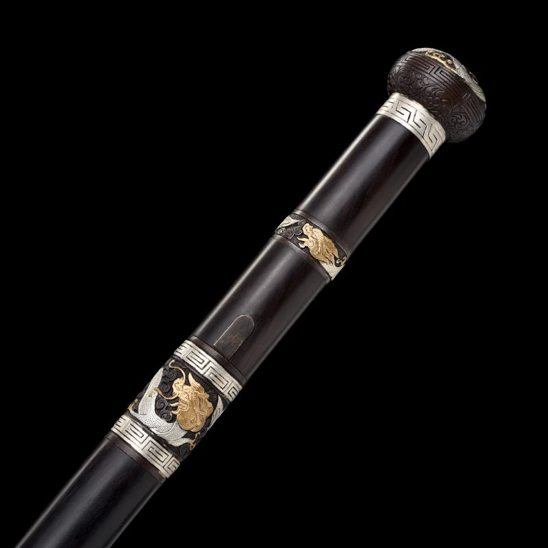 Medieval Staff Sword Folded Steel Damascus Blade Sharp Real Ebony Wood Scabbard Walking Stick Gold Silver Plating Dragon Katanas