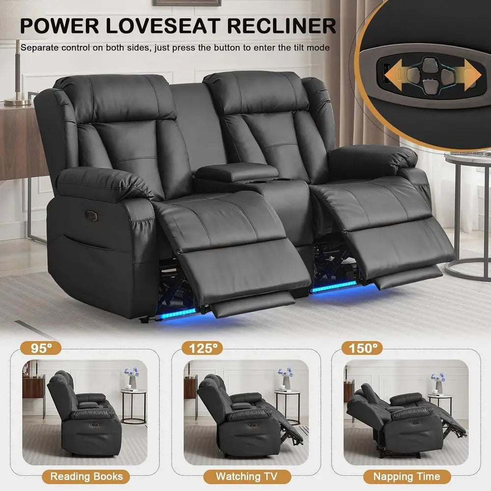 Loveseat Recliner Sofa, Home Theater Seating with ConsoleReclining Loveseat Sofa RV Couch with LED Lights, Cup Holders, USB, Dr