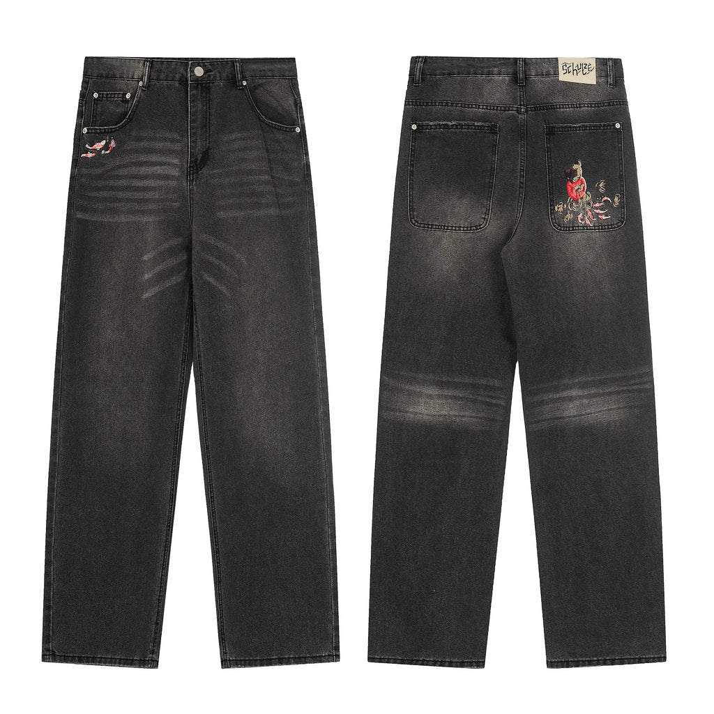 Cartoon Anime Embroidered Wide Leg Straight Leg Jeans American Style Trendy High Street Men's Jeans Casual Comfortable Fit