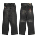 Cartoon Anime Embroidered Wide Leg Straight Leg Jeans American Style Trendy High Street Men's Jeans Casual Comfortable Fit