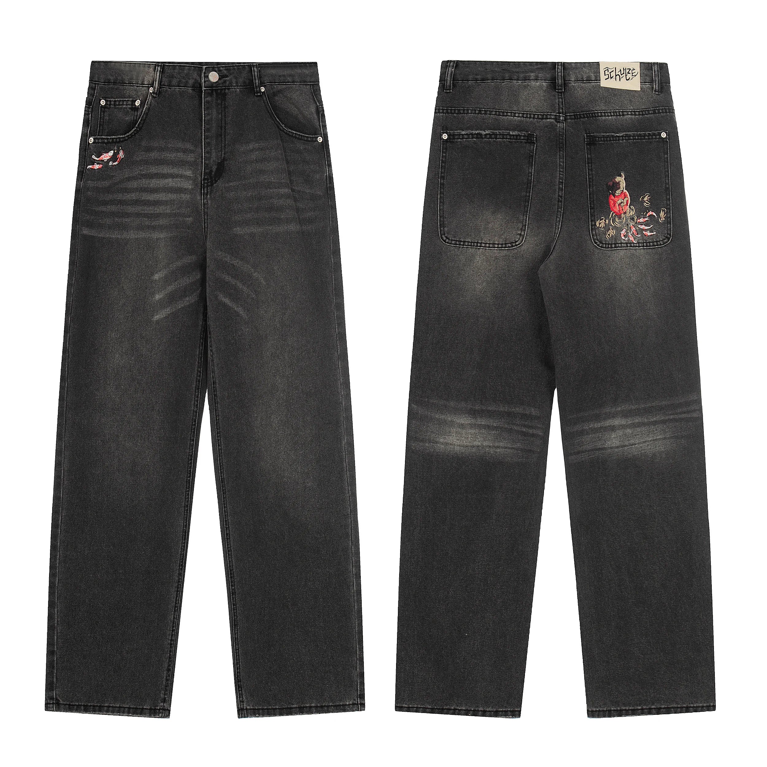 Cartoon Anime Embroidered Wide Leg Straight Leg Jeans American Style Trendy High Street Men's Jeans Casual Comfortable Fit