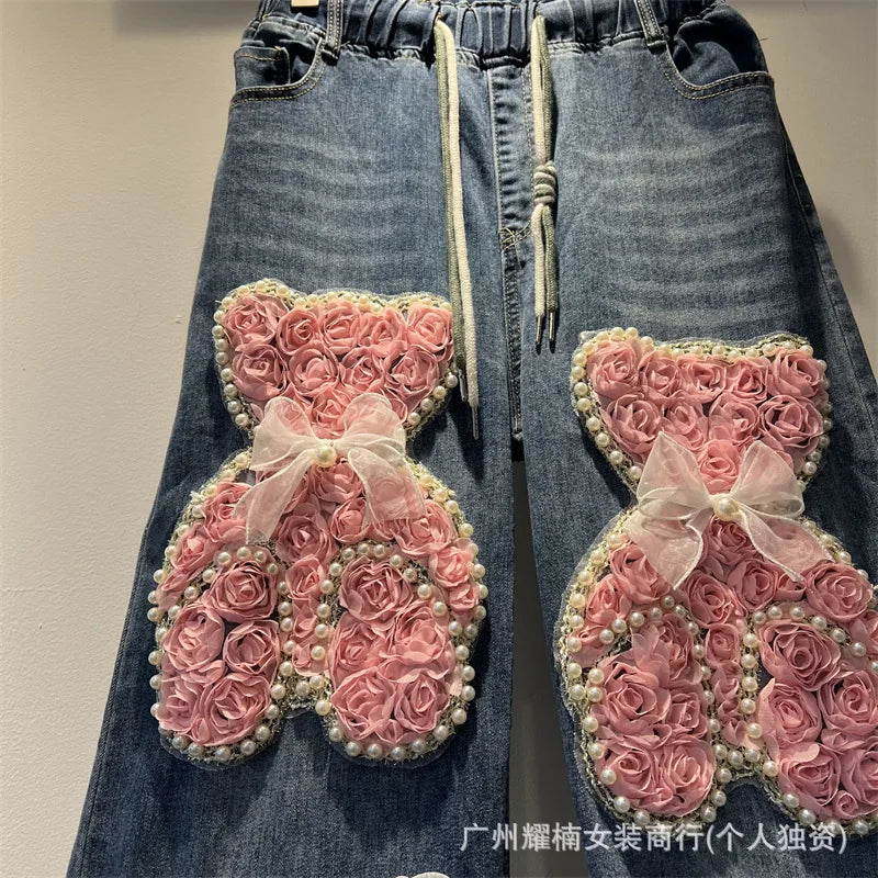 American Style Heavy Beaded Letter Cartoon Anime Elastic Waist Wide Leg Jeans Versatile Casual Full Length Trousers For Women