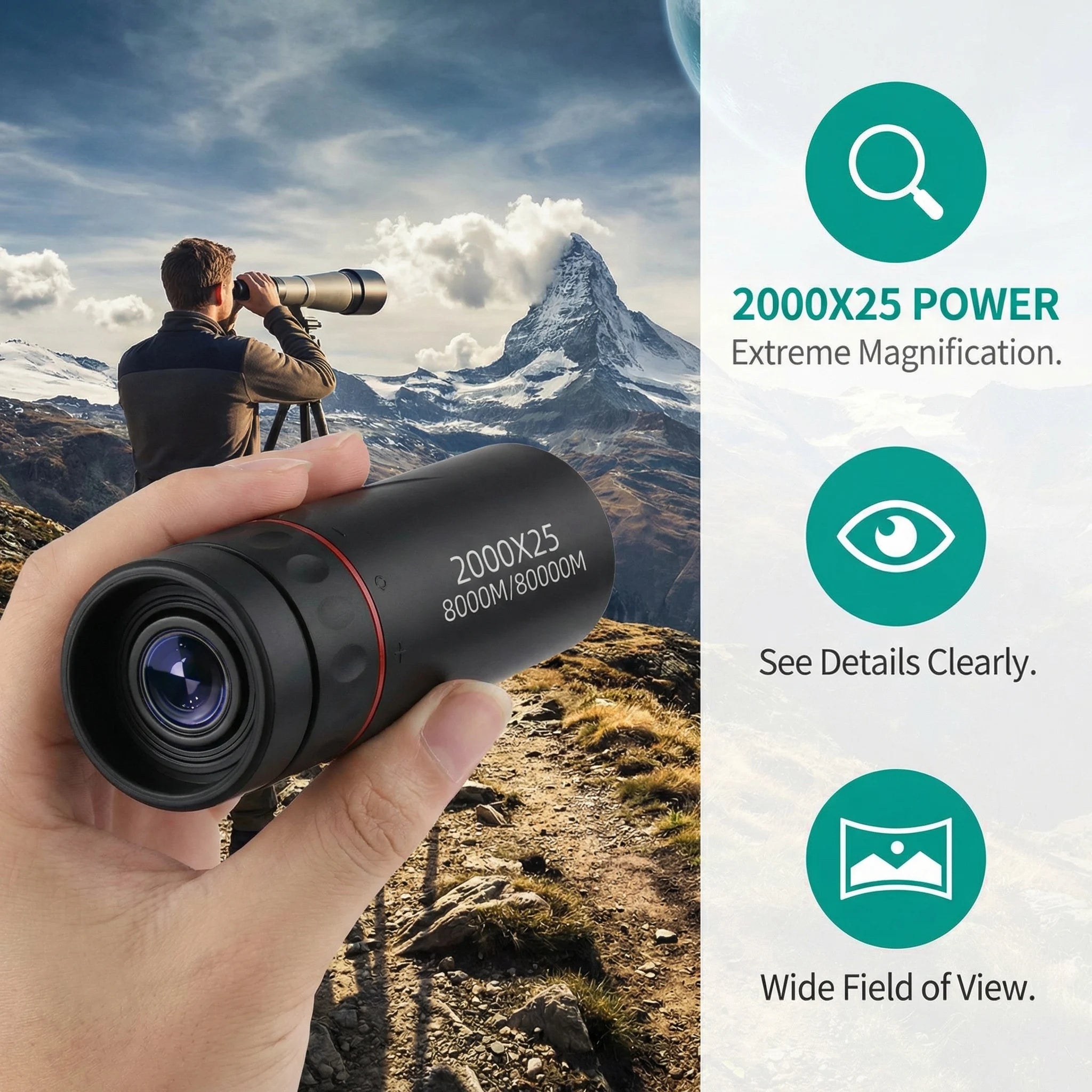2000x25 HD Monocular Telescope Mini Portable Mobile Phone Telescope with Holder Camping Hunting Birdwatching Telescope