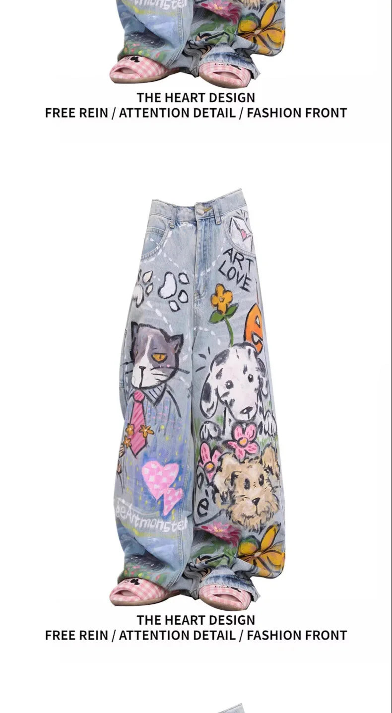 Blue Cartoon Doodle Printed Jeans American Vintage Casual Straight Loose High Street Wide Leg Baggy Y2k Streetwear Denim Pants