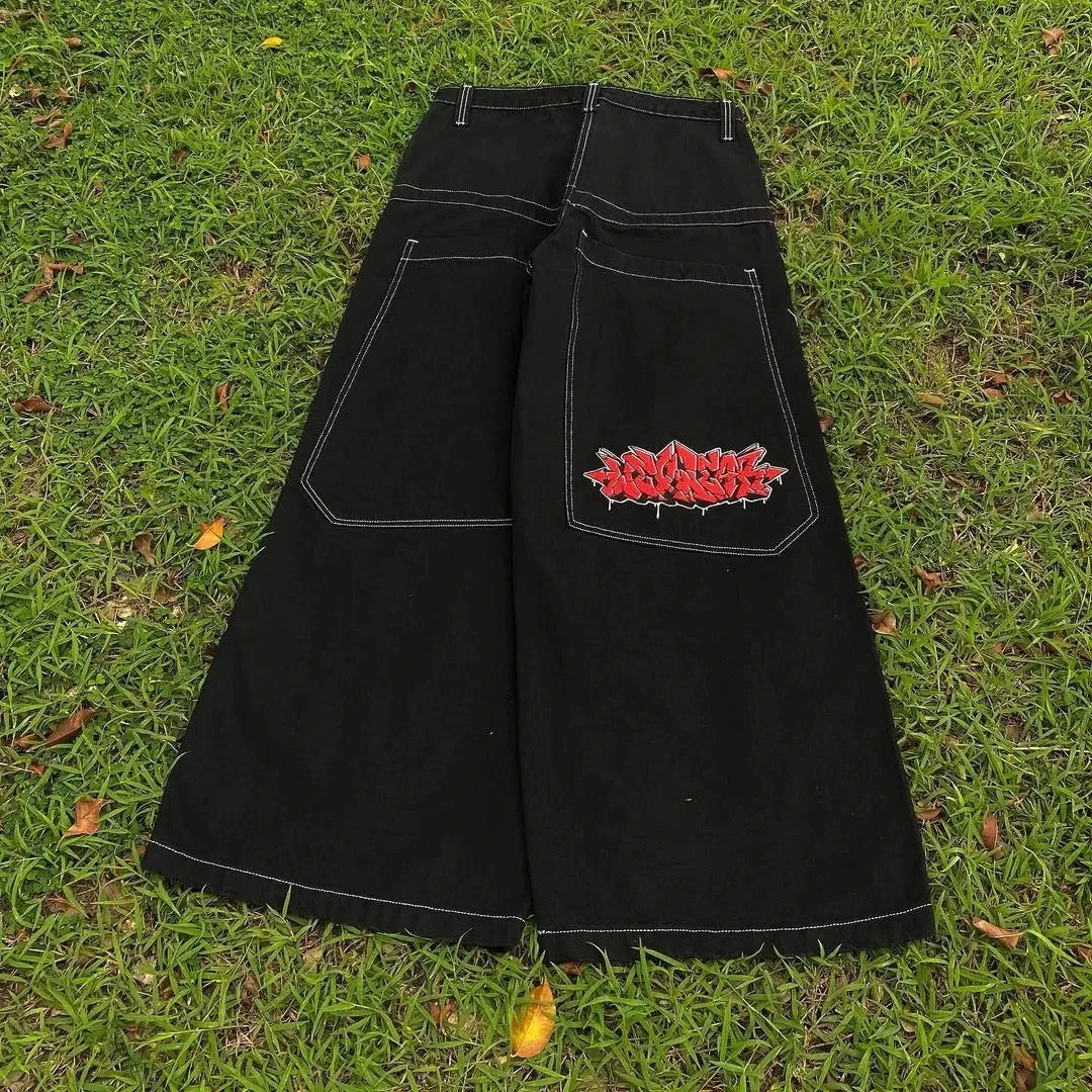Fallen Knight Cherry Blossom Embroidery Denim Pants Y2k Vintage Women Baggy Straight Wide Leg Jeans Street Men Clothing Trousers