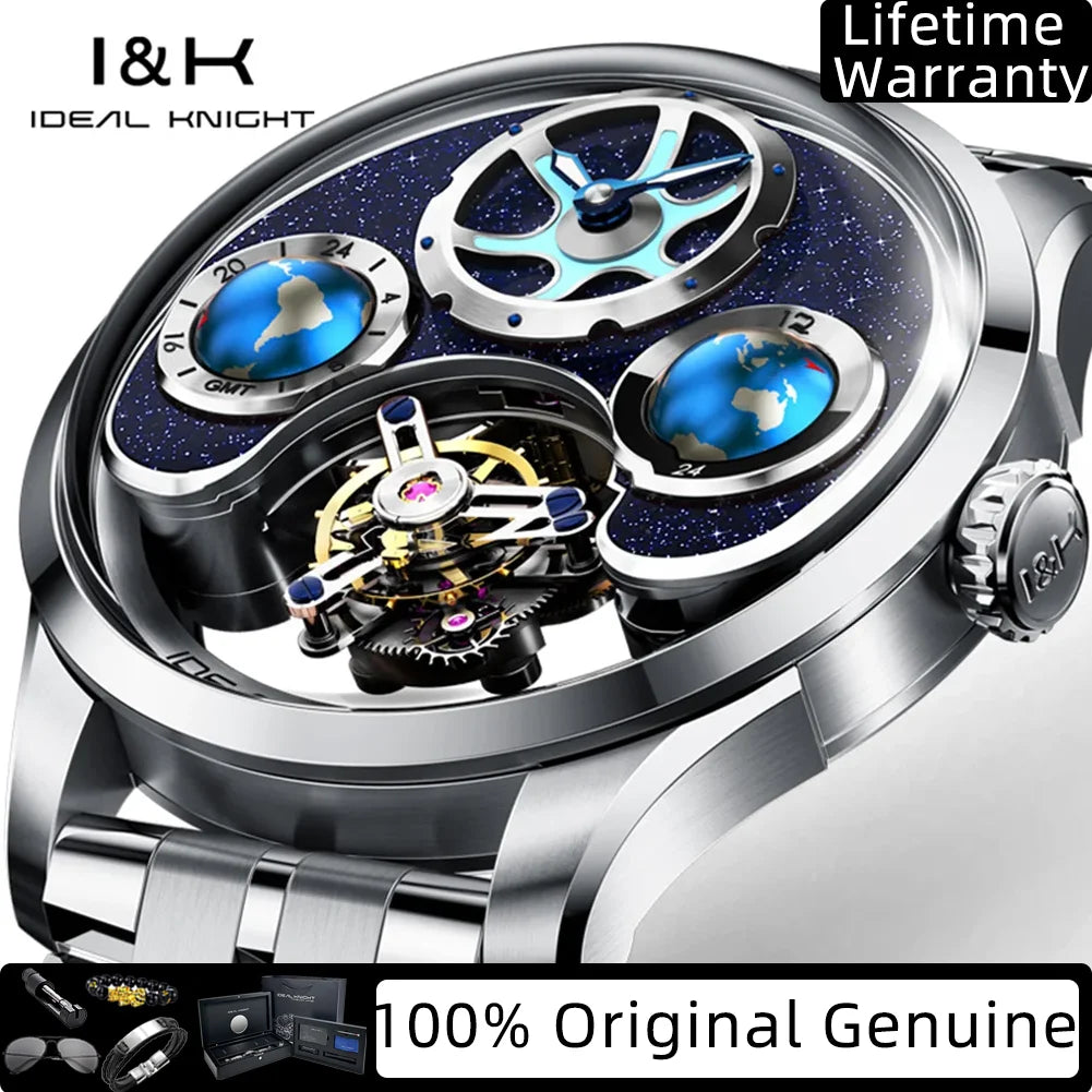 IDEAL KNIGHT Real Tourbillon Automatic Watches for Men 43mm Large Dial Blue Earth Series High-end Luxury Brand Mechanical Watch
