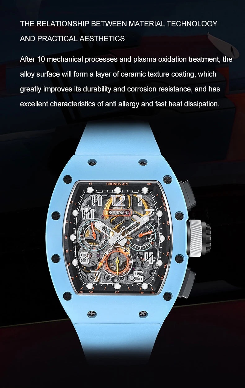 CRONUSART Men Chronograph Watch Tonneau Carbon Steel Case 50mm*42mm Automatic Mechanical Wristwatch Luminous Fluororubber Strap
