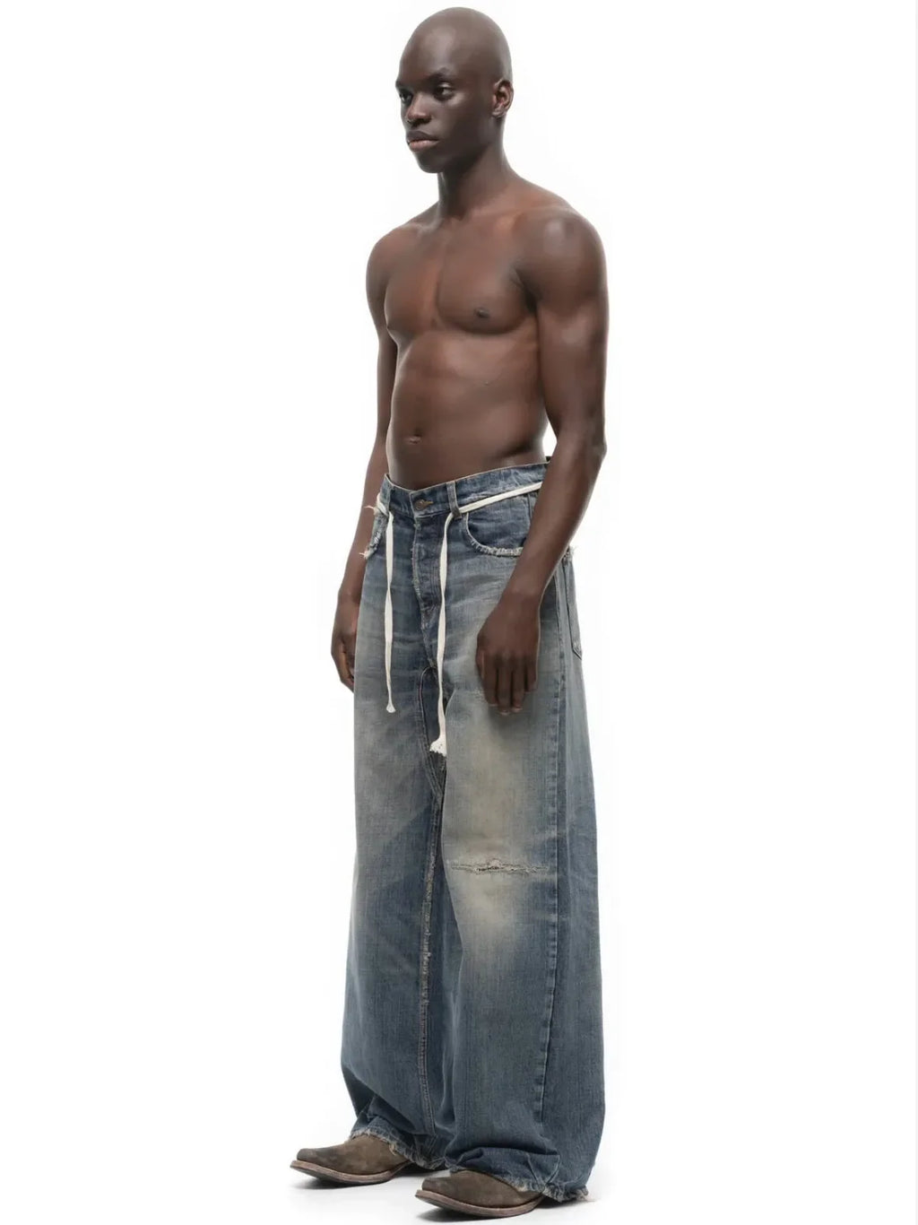 No faith studios washed pussy whiskers made old handmade ripped loose wide legs light blue jeans