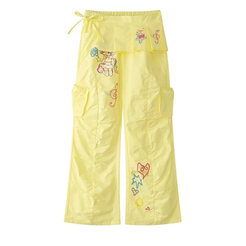 2025 Spring Summer New Retro Cartoon Anime Print Women's Trousers Original Design Loose Slimming Straight Casual Pants Ladies