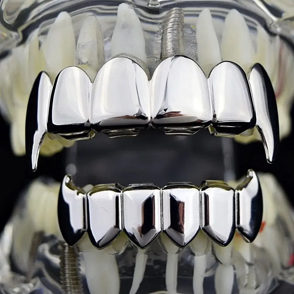 Gold Silver Plated HIP HOP Teeth Grillz Top & Bottom Grills Set With silicone Real Shiny Vampire Tooth Sets