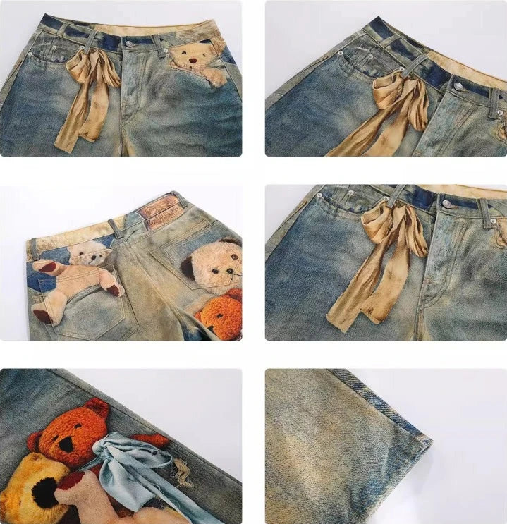 American Retro Vintage Washed Teddy Bear Graphic Printed Jeans Unisex Baggy Straight Y2K Streetwear Wide Leg Trousers Harajuku