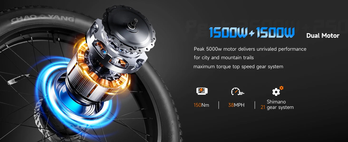 BAOLUJIE 2603 Electric Bike for Adults，52V 32AH Electric Bicycle，Peak 5000W Mountain E-bikes，21-speed Dual Motors Moped Ebike