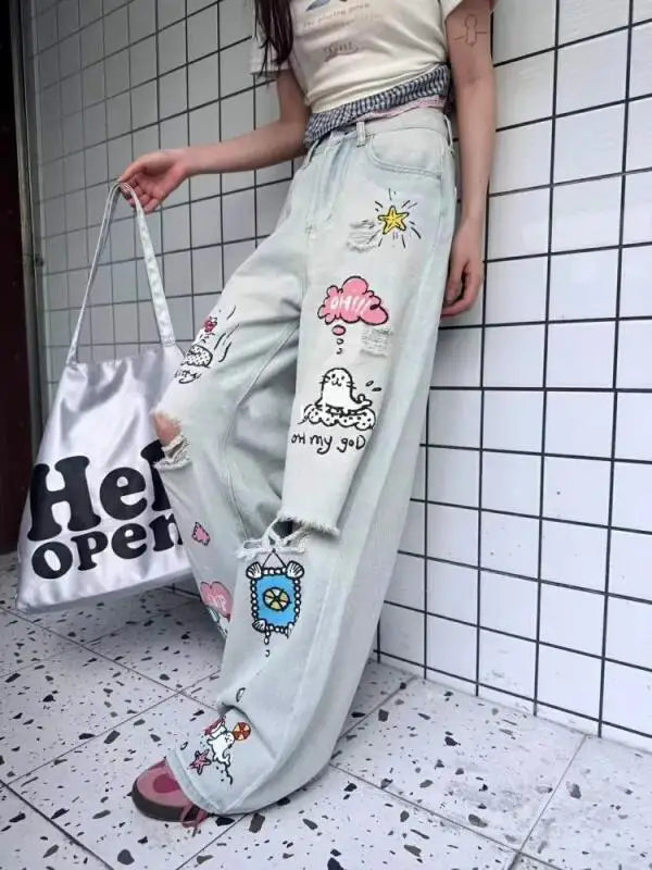 Kawaii Jeans Hello Kittys Ripped Wide-Leg Pants Cute Fashion Straight New Style Loose Comfortable Breathable Cartoon