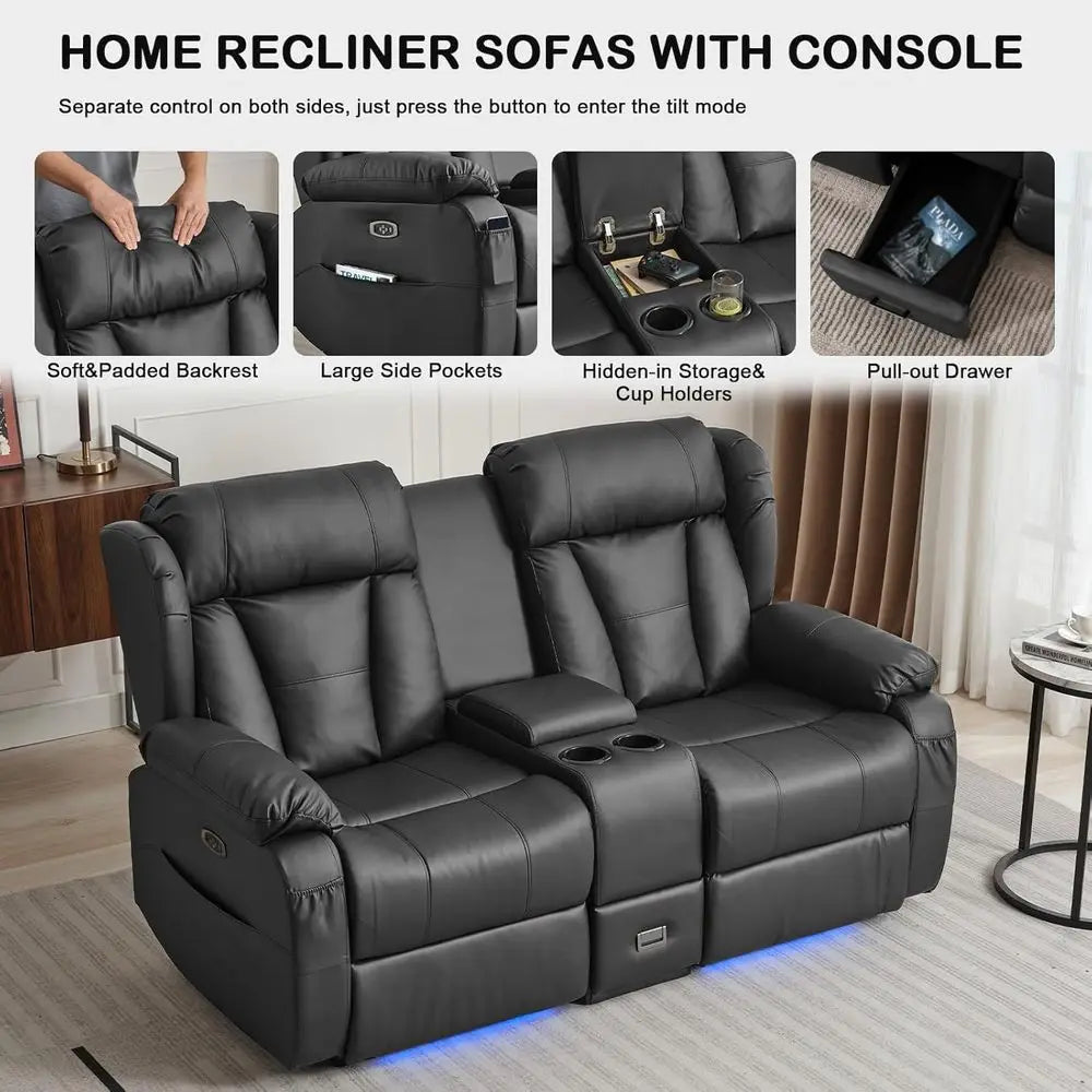 Loveseat Recliner Sofa, Home Theater Seating with ConsoleReclining Loveseat Sofa RV Couch with LED Lights, Cup Holders, USB, Dr