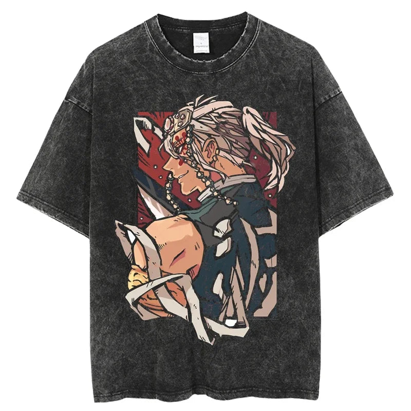 2024 Kimetsu no Yaiba Japanese Anime T Shirt Harajuku Man T Shirts Tees Shirt Tops Design Washed Black Short-Sleeve unisex top
