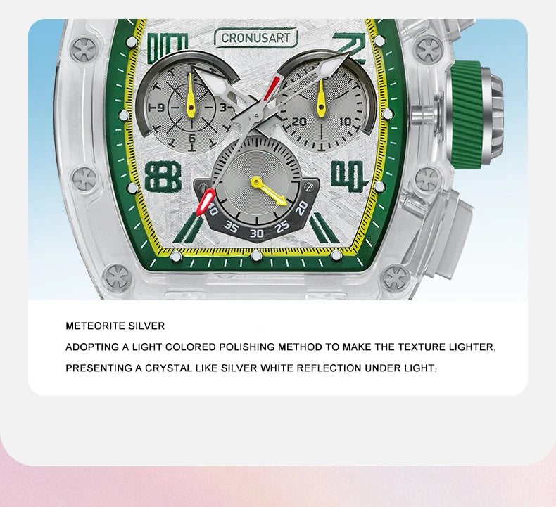 CRONUSART Men Automatic Watch 50mm Tonneau Chronograph Mechanical Wristwatch 5ATM Luminous Sapphire Case & Mirror Meteorite Dial