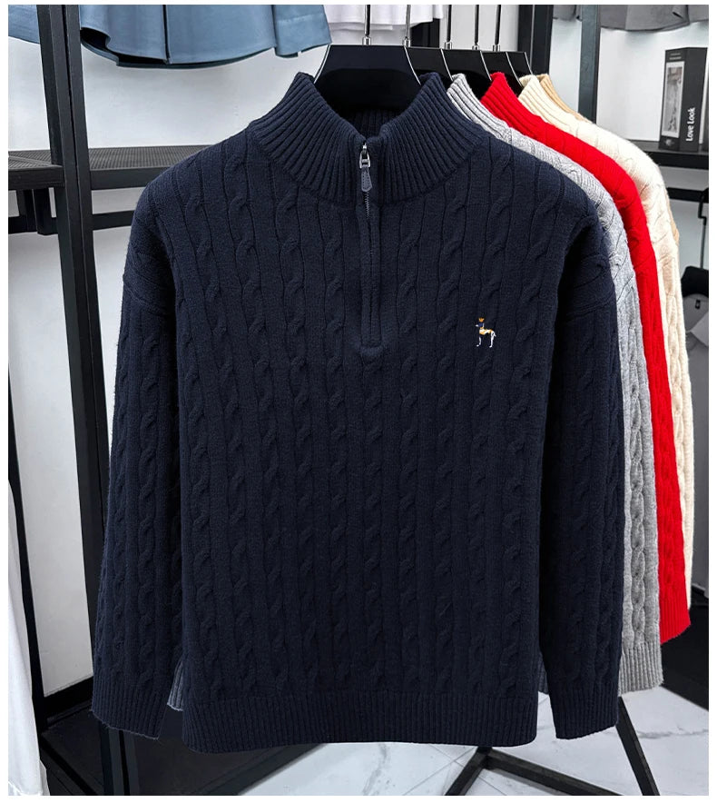 High end brand fashion jacquard sweater cartoon dog embroidery zipper semi high neck autumn winter warm men's knitted pullover