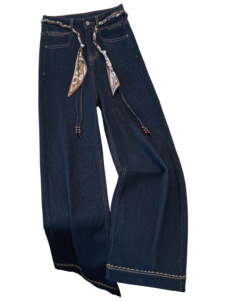 2025 Autumn New Denim Blue Wide Leg Women's Jeans Super Popular Pants with Silk Scarf Belt Fashion Straight Trousers