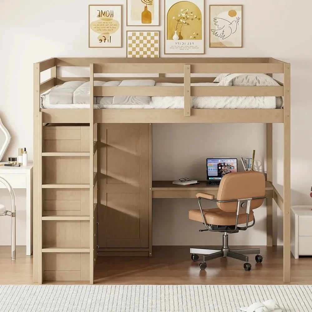 Full Size Loft Bed with Desk, Wardrobe, Drawers & Shelves - Space-Saving Wooden Frame for Kids Teens Adults