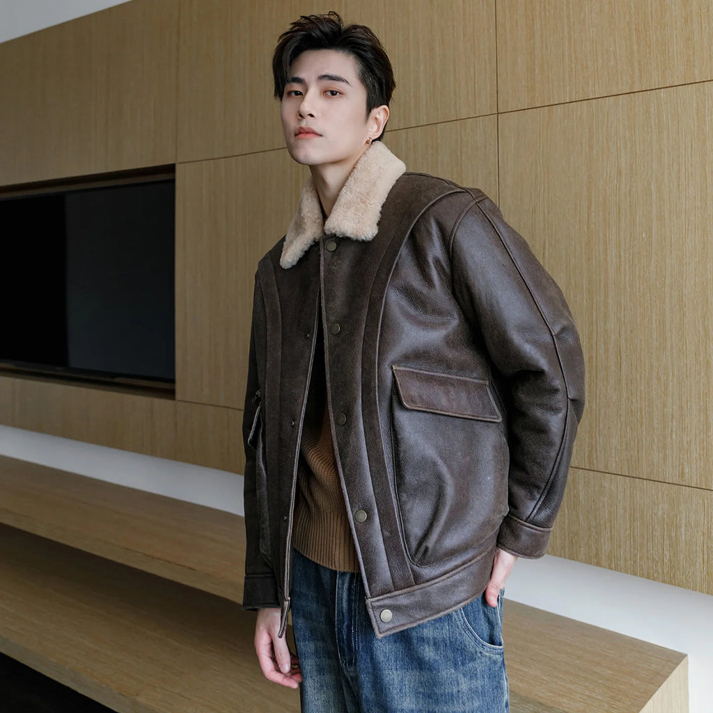 AYUNSUE Natural Sheepskin Fur Coat Men Autumn Winter New Short Real Wool Man Vintage Leather Jacket Motorcycle Fur Coats Jackets