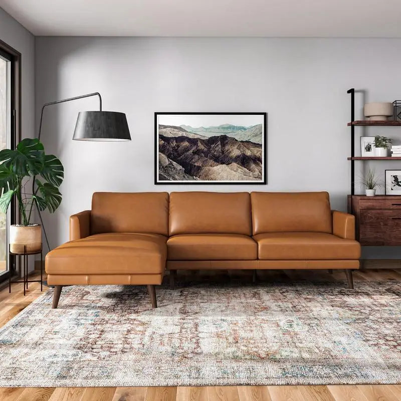 Tan Left-Facing L-Shaped Genuine Leather Sectional Sofa