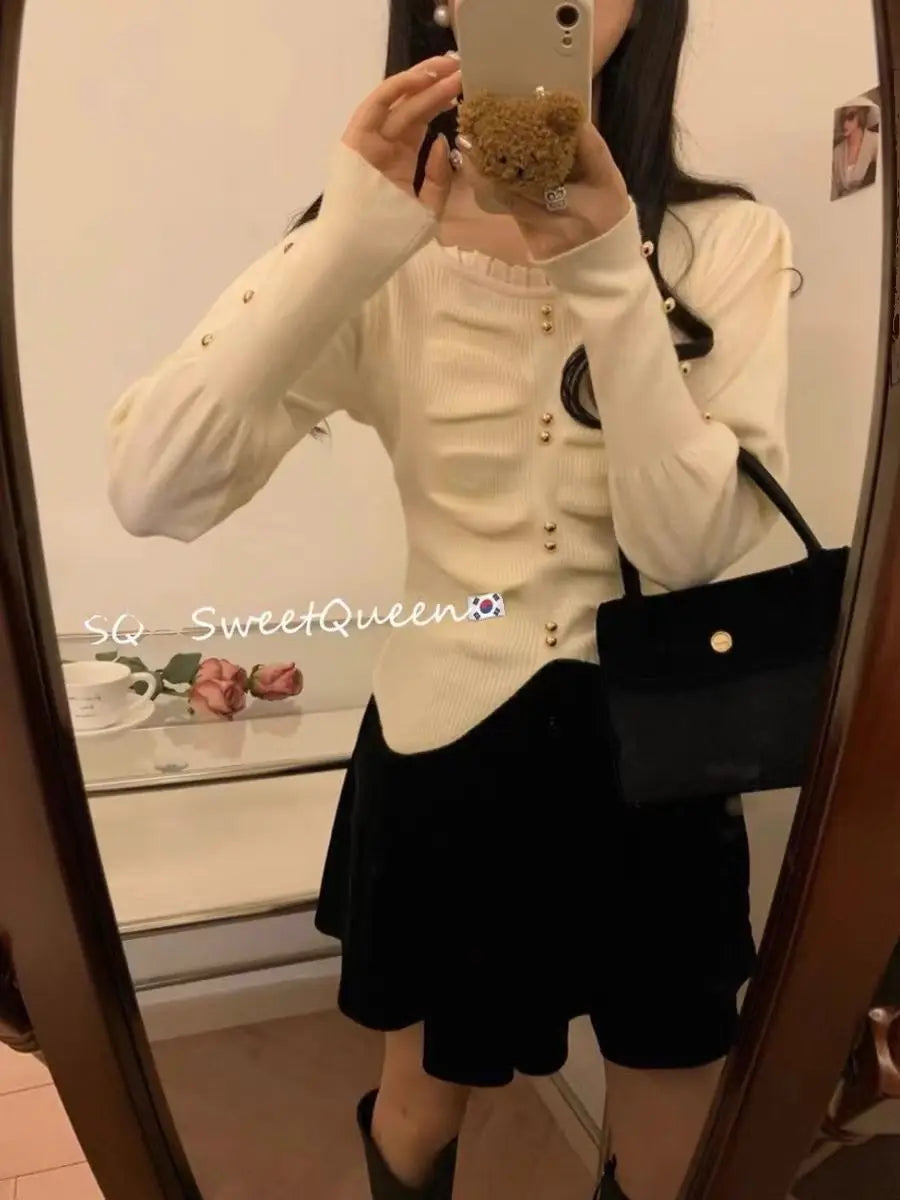 Pleated Slit Hem Contrast Patchwork Sweet Pullovers Women Clothing New Long Sleeve Fashion Sweaters Casual Korean Autumn Winter