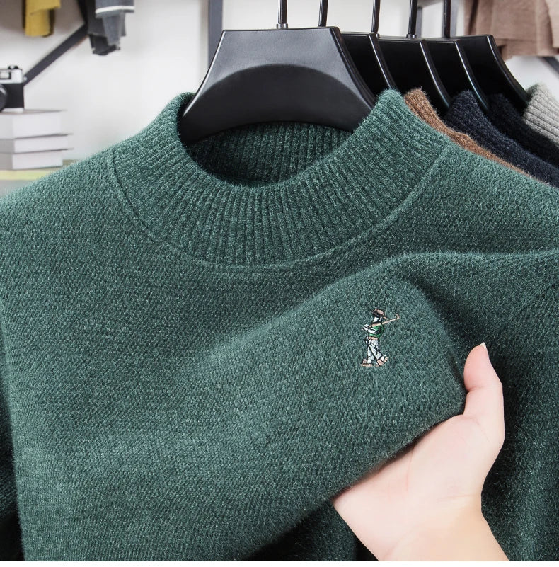 Luxury brand men's round neck knitted sweater fashion cartoon embroidery comfort warm plush autumn winter casual golf pullover