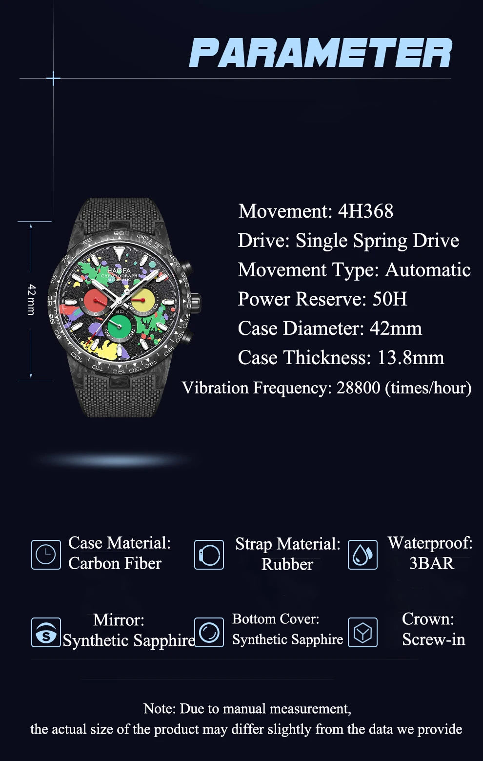 Haofa Carbon Fiber Chronograph Watch Automatic Mechanical Watches for Men Sapphire Waterproof Watch Cool Multi-function 2366