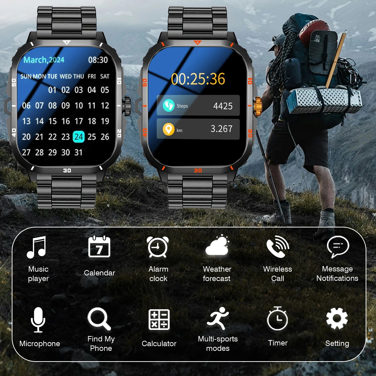 Smart watch, full touchscreen sports watch, Bluetooth calling, with flashlight, unisex, compatible with Android and iPhone.