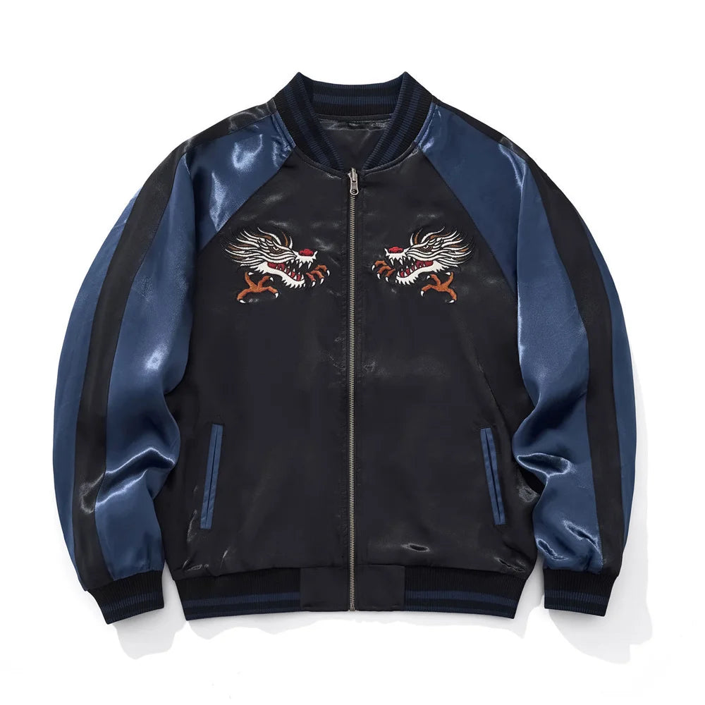 Tokyo Dragon Embroidered Zipper Blue Jacket Streetwear Hip Hop Men's Harajuku Japanese Baseball Coat Clothing