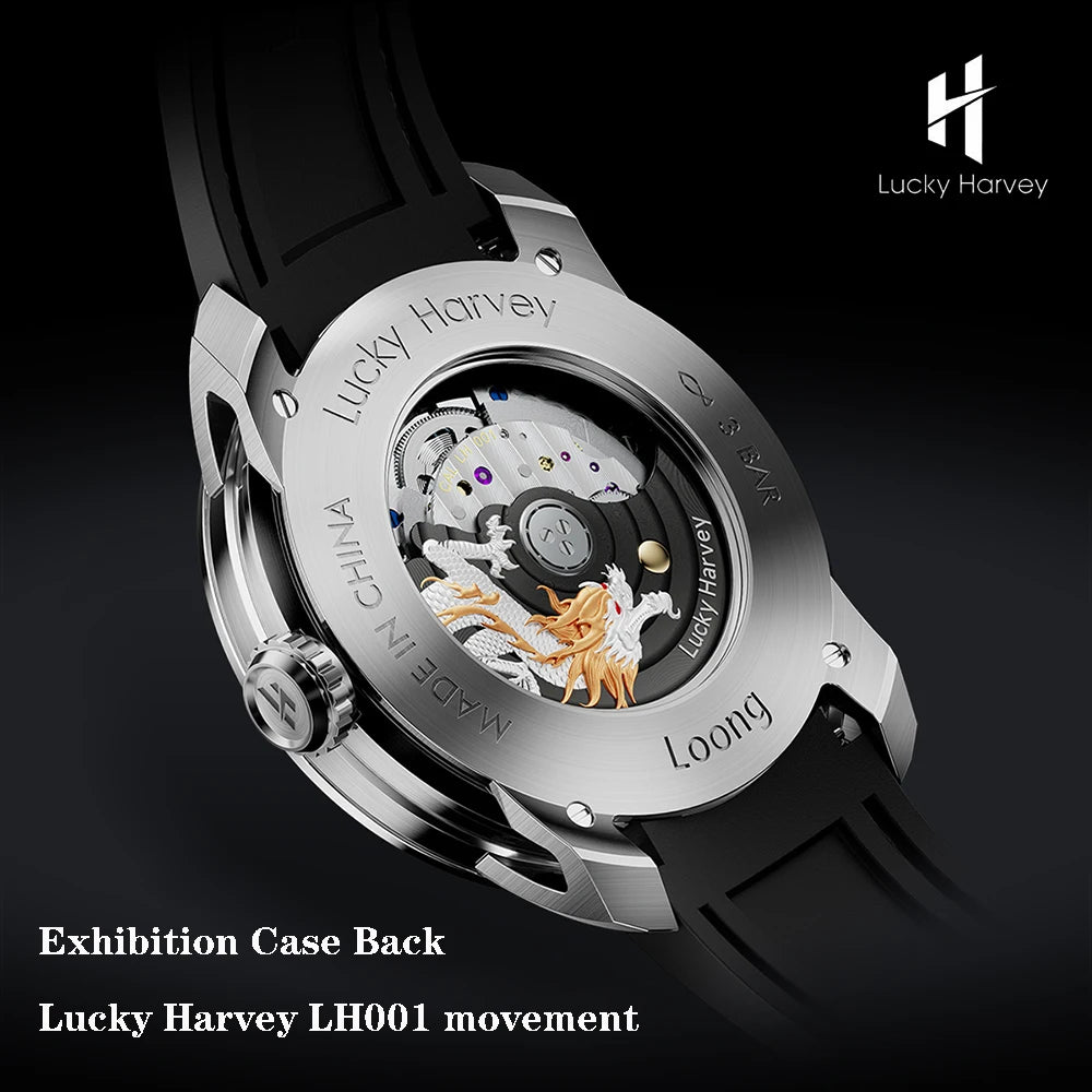 Lucky Harvey Chinese 3D Engraving Dragon Dial Automatic Mechanical Watches for Men Sapphire Crystal Business Fashion Watch
