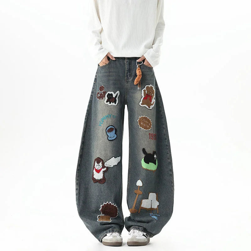 Hip Hop Cartoon Graffiti Graphic Appliques Baggy Jean Man Casual Embroidered Straight Wide-Leg Denim Pants Y2K Streetwear Jeans