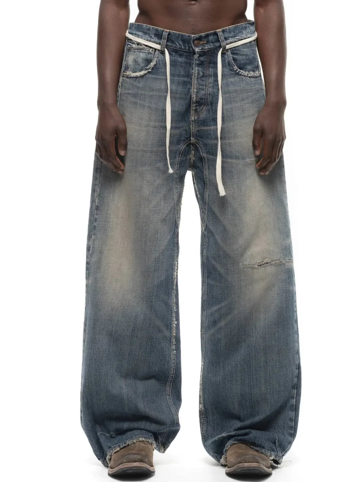 No faith studios washed pussy whiskers made old handmade ripped loose wide legs light blue jeans