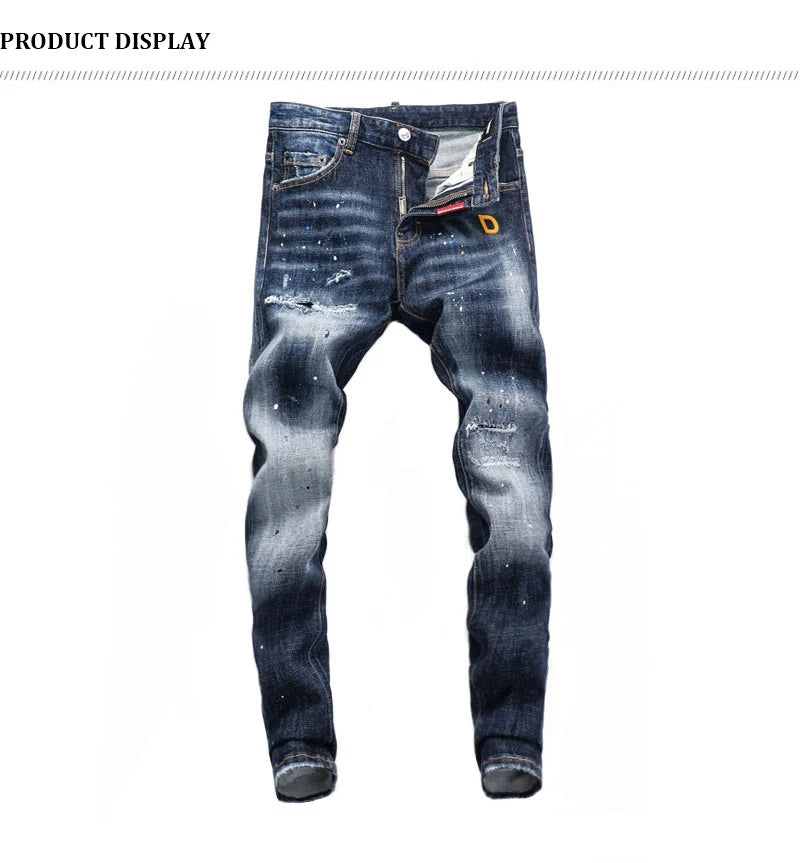 Latest designer fashion new men's jeans, washed, vintage painted embroidery, stretchy slim fit hombre