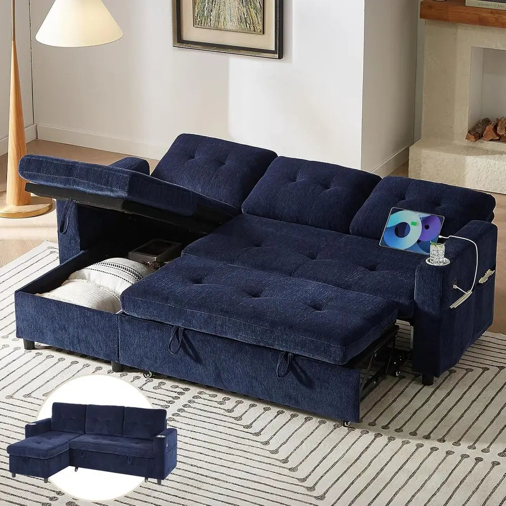 Pull-Out Chaise Sofa Bed with Storage, L-Shaped Cloud Couch, Sectional Living Room Furniture, Tool-Free Assembly, Chenille Fabri