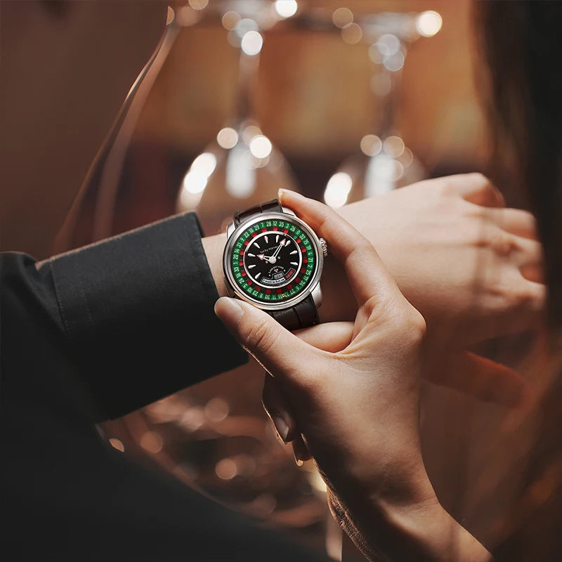 Lucky Harvey Player Series Mechanical Watches for Men European Roulette Game Dial Automatic Movement Funny Design Party Watch