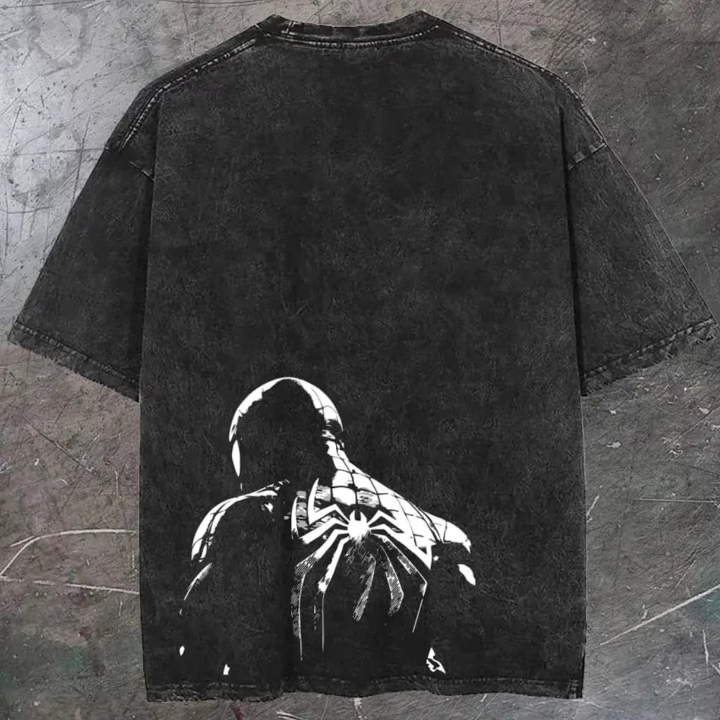 Vintage Acid Wash Spiderman Graphic T-Shirt Men Women Retro Distressed Spider Hero Oversized Tee Streetwear Hip Hop Cotton Tops