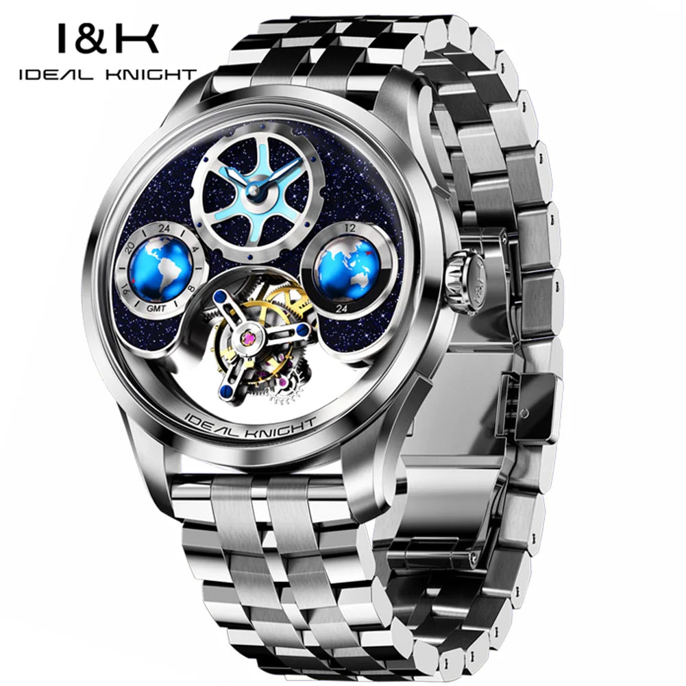 IDEAL KNIGHT Real Tourbillon Automatic Watches for Men 43mm Large Dial Blue Earth Series High-end Luxury Brand Mechanical Watch