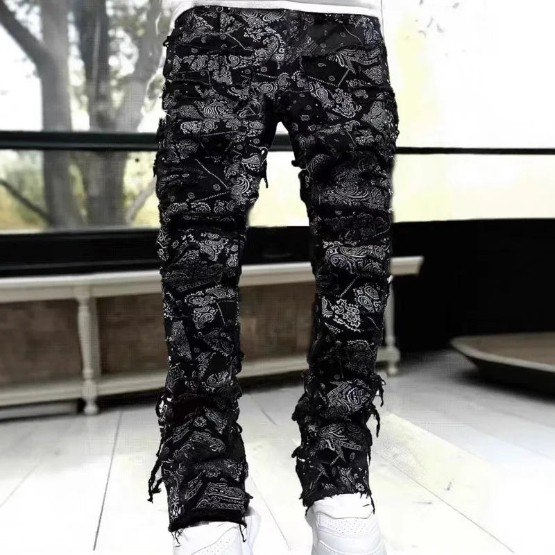 2026 New Men's Straight-Leg Jeans, Street Fashion Stretch Casual Jacquard Denim, Hip-Hop Street Style Jeans