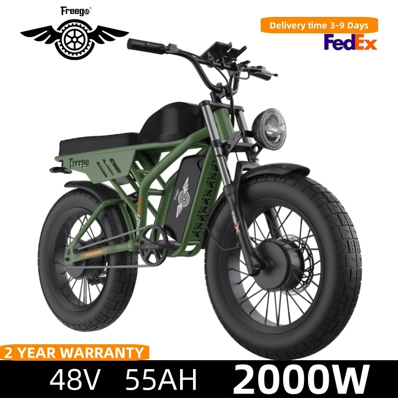 Freego F3 Pro Electric Dirt Bike 2000W Dual Motor 40AH Dual Hydraulic Brake Suspension 20x4 Fat Tires Off Road Electric Bike