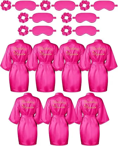 21 Pcs Women Birthday Party Robe Set Queen Squad Kimono Satin Bathrobes with Eye Mask and Scrunchie for Birthday