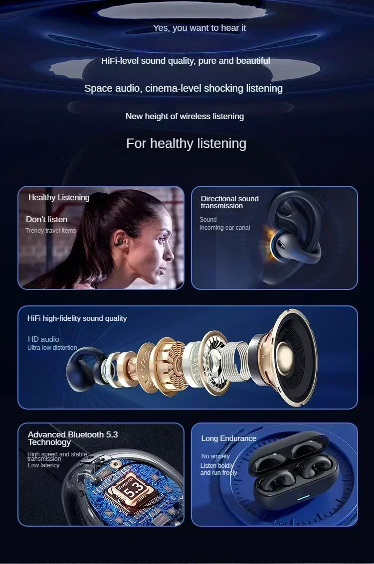 T75 Fone Bluetooth Headset 5.3 Wireless Air Conduction Headphones Clip Ear Music Noise Canceling HD Call Sports Gaming Earphone