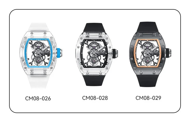 CRONUSART Men Tourbillon Watch 50mm Tonneau Mechanical Wristwatch Sapphire Case Mirror Luminous Fluororubber Strap Skeleton Dial