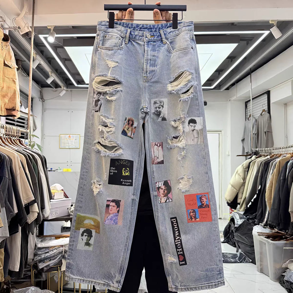Retro distressed distressed portrait print straight leg jeans Washed Denim Pants For Men Women Joggers Trousers
