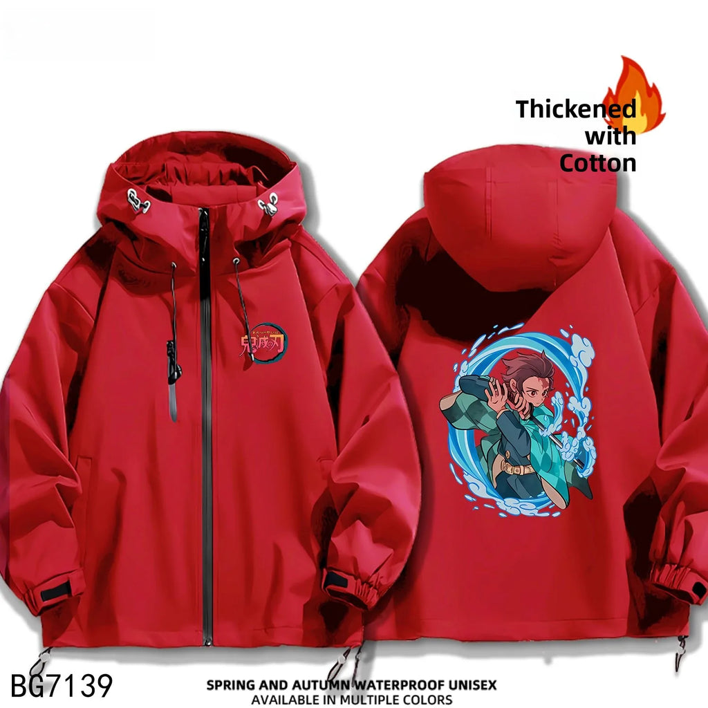 Ruike Men's Thiened Cotton Hooded Jaet Casual Outdoor Waterproof Spring Autumn Winter Anime Ghost Slayer Coat Jaet
