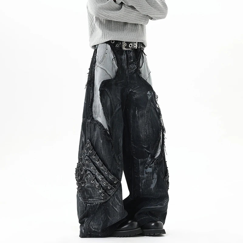 High Street Men's Denim Trousers Patchwork Contrast Color Drawstring Raw Edge Dirty-dying Worn-out Male Jeans New