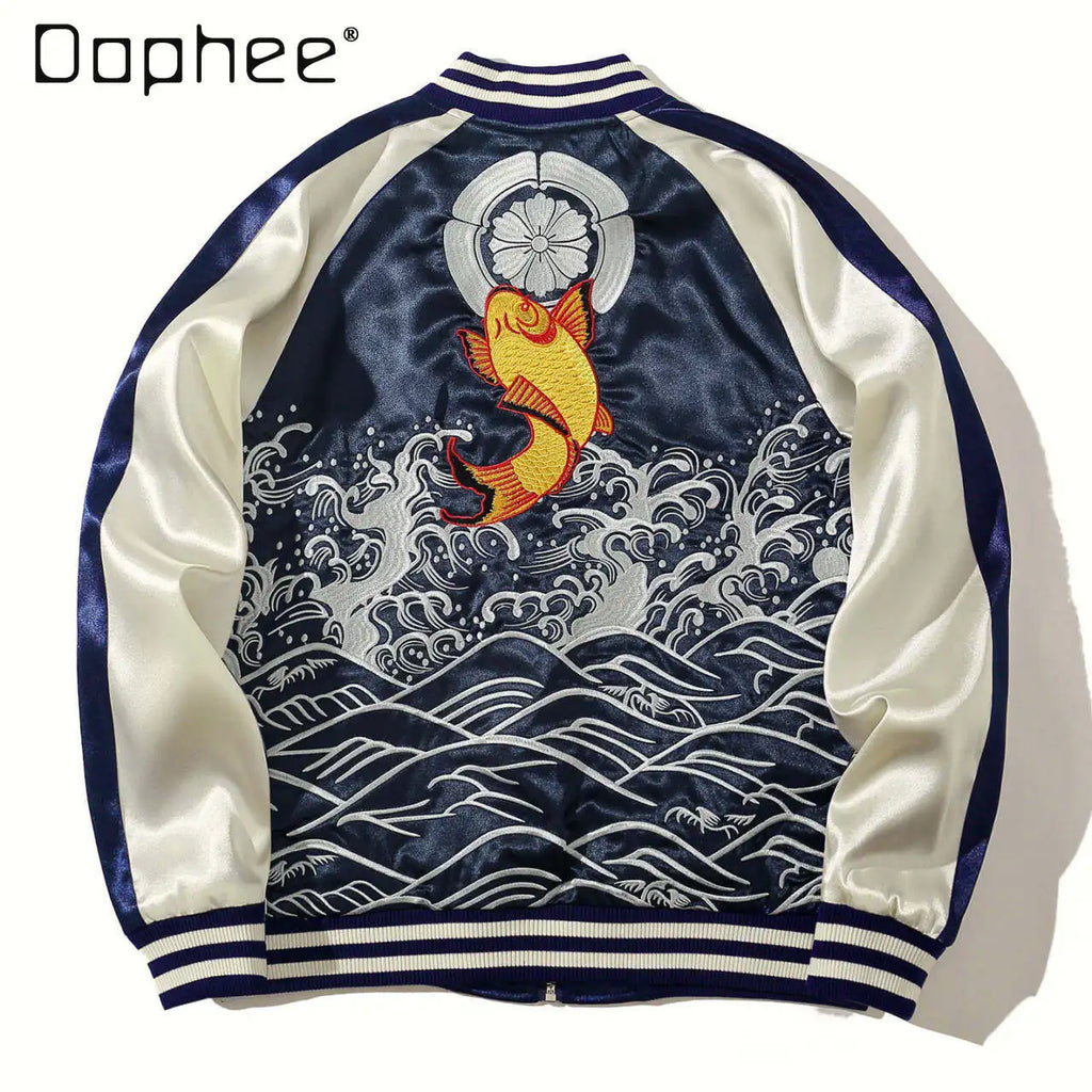 Japanese Sukajan Koi Fish Embroidered Satin Bomber Jacket Wave Print Varsity Jacket Men's and Women's Baseball Jackets
