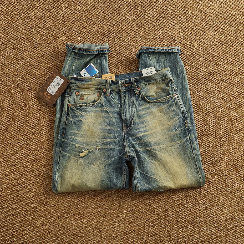 2025 Autumn New American Retro Heavyweight Ripped Denim Men's Fashion 100% Cotton Washed Old Straight Tapered Casual Jeans